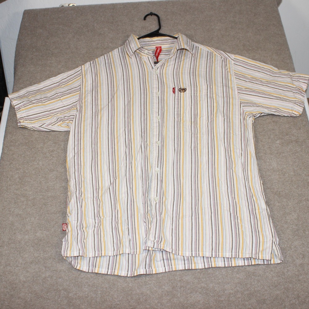 Ecko Unltd Mens Large Short Sleeve Button Down Shirt Striped Rhino Logo Shirt